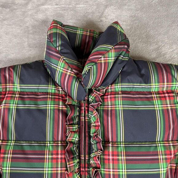 Talbots Jacket Womens Medium Navy Red Green Plaid Down Puffer Ruffle Coat - Picture 4 of 12